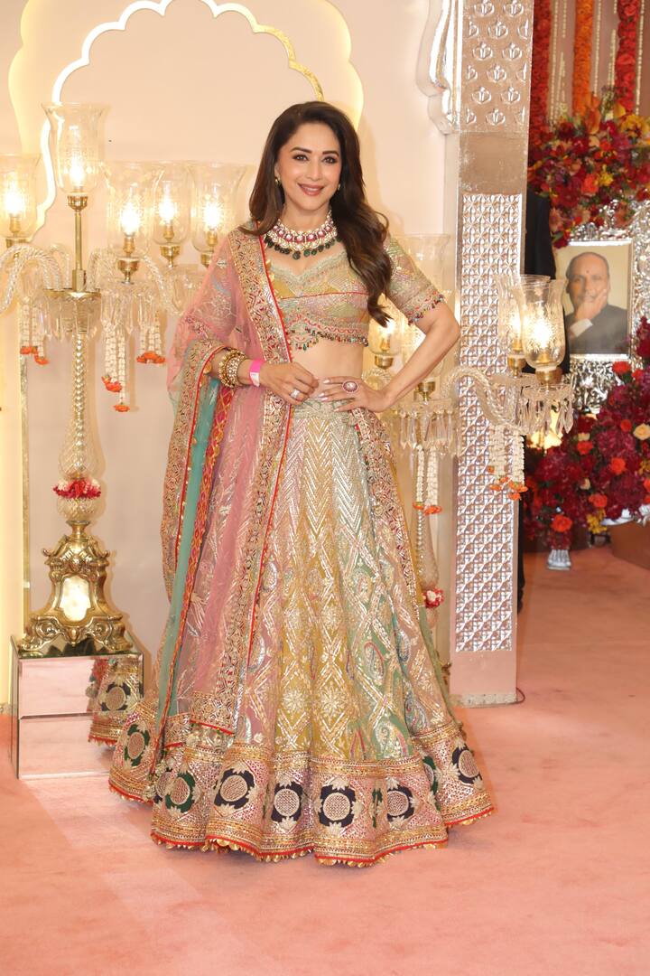 Madhur Dixit looks pretty as ever as she attended the wedding without her husband Shriram Nene.