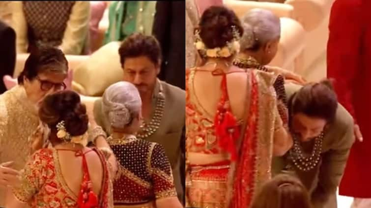 Anant ambani radhika merchant wedding shahrukh khan touched amitabh bachchan jaya bachchan feet शाहरुख खान ने फिर जीता फैंस का दिल, बिग बी को देखते ही छुए पैर, लोग बोले- कितने संस्कारी हैं किंग खान