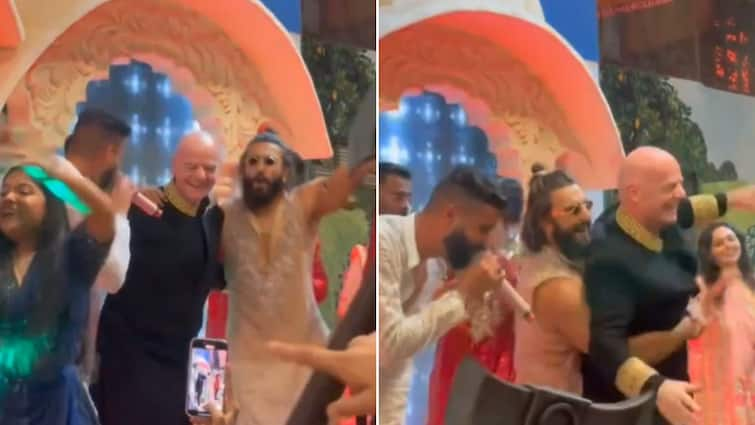 FIFA President Gianni Infantino Dance Ranveer Singh Hardik Pandya Anant Ambani Wedding Viral Video FIFA President Gianni Infantino Dances With Ranveer Singh, Hardik Pandya At Anant Ambani's Wedding- WATCH