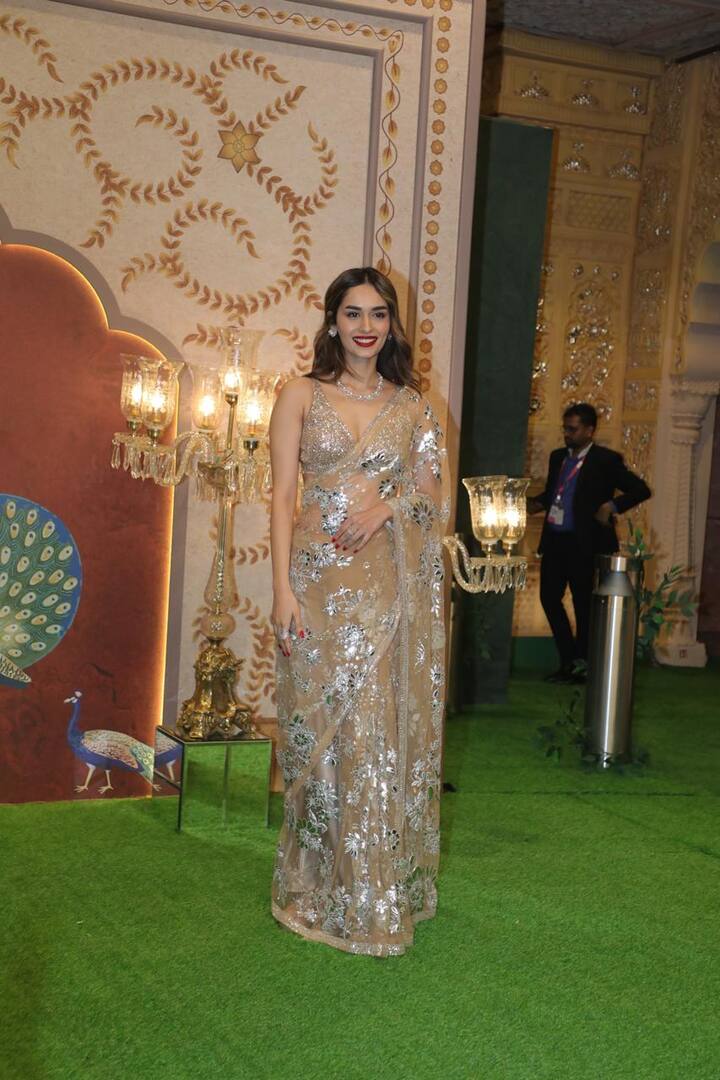 Manushi Chillar opted for a glitzy look in a golden saree.