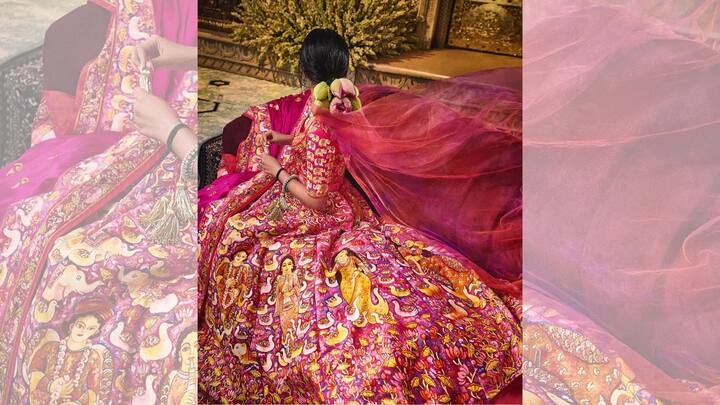 রিয়ার ক্যাপশনেই স্পষ্ট, এই লেহঙ্গার ডিজাইন একেবারেই অনন্ত ও রাধিকার বন্ধন, সম্পর্ক, ভাললাগা ও মন্দ লাগাকে তুলে ধরে। ভারতীয় শিল্পী জয়শ্রী বর্মনের ছোঁয়া আছে তাতে। ছবি: ইনস্টাগ্রাম