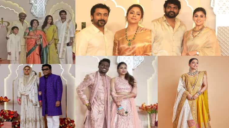 Celebrities at Anant Ambani Radhika Merchant Wedding Rajnikanth Atlee AR Rahman suriya jyothika nayanthara vignesh shivan rashmika mandanna Celebrities at Anant Ambani wedding :ரஜினி, ஏ.ஆர்.ரஹ்மான் முதல்.. சூர்யா - ஜோ, அட்லி, நயன் வரை.. அம்பானி திருமணத்தில் தமிழ் பிரபலங்கள்!