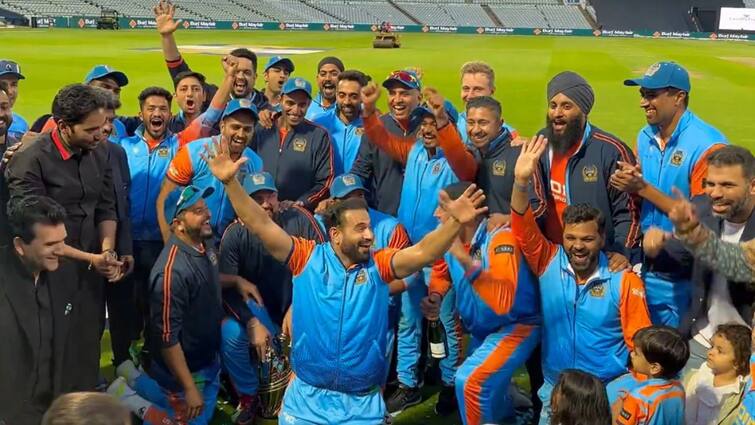 Irfan Pathan Suresh Raina India vs Pakistan WCL 2024 Win Celebration Video IND vs PAK Irfan Pathan's Unique Celebration After IND vs PAK WCL 2024 Final Win Leaves Suresh Raina Laughing Uncontrollably- WATCH