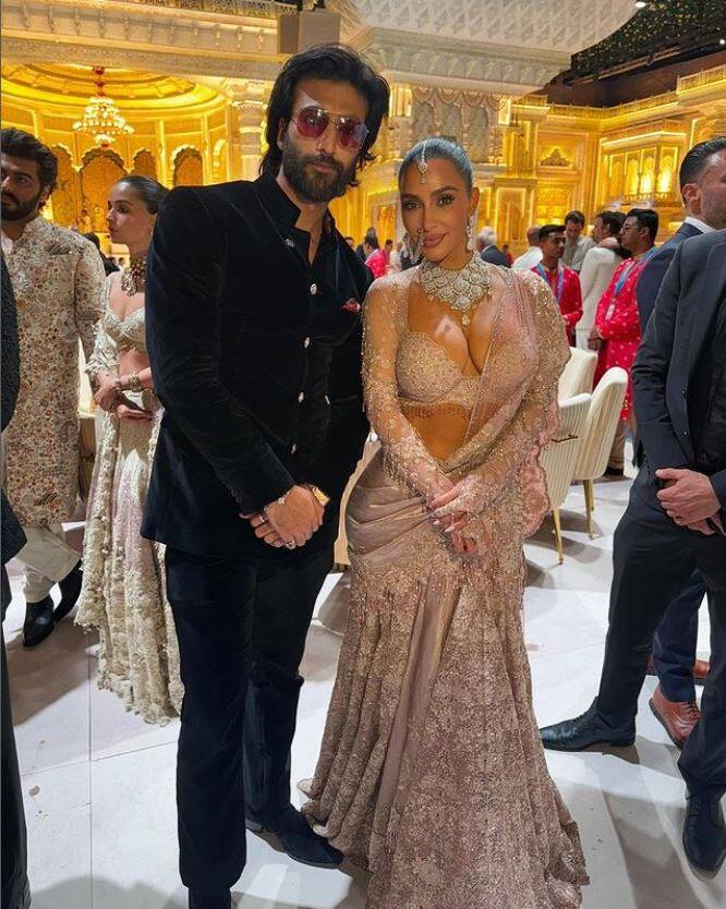 The diva, decked up in a lehenga for day 2 of the wedding festivities, struck a pose with Meezan Jaffery.