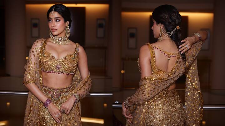 Janhvi Kapoor in Golden Lehenga : రాధిక మర్చంట్, అనంత్ అంబానీ పెళ్లిలో జాన్వీ కపూర్ గోల్డెన్ డ్రెస్​లో హాజరైంది. మరోసారి తన డ్రెస్​తో ఫ్యాషన్ ప్రియుల దృష్టిని ఆకర్షించింది.