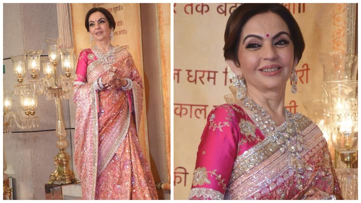 Check out Nita Ambani's dazzling look in a pink saree for Anant Ambani and Radhika Merchant's wedding reception.