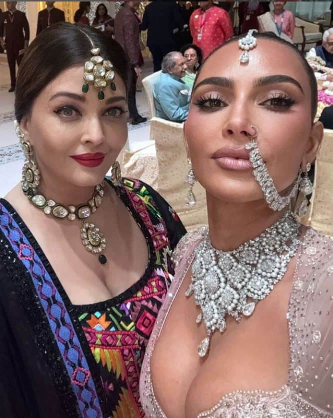 During her first visit to India, Kim posed with a host a celebs at the Ambani wedding. Sharing a selfie with Aishwarya Rai, Kim captioned it as 