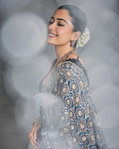 Rashmika Mandanna Picked Stunning Ajrakh Saree Worth Rs 1.28 Lakh For Anant-Radhika's Subh Aashirwad, See Pics