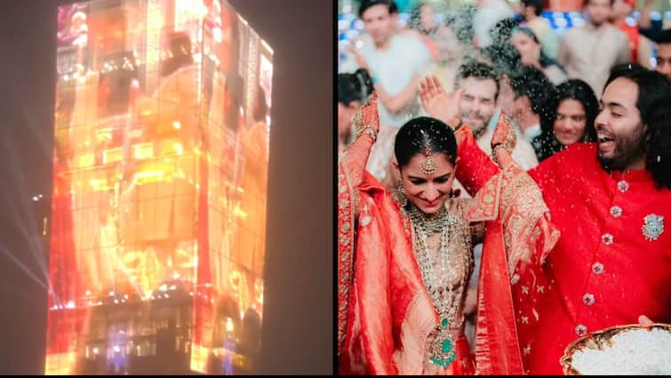 Anant-Radhika's Garland Exchange Ceremony Glow On Antilia. WATCH Anant-Radhika's Wedding Moments Glow On Antilia, As building Showcases Garland-Exchange Ceremony. WATCH