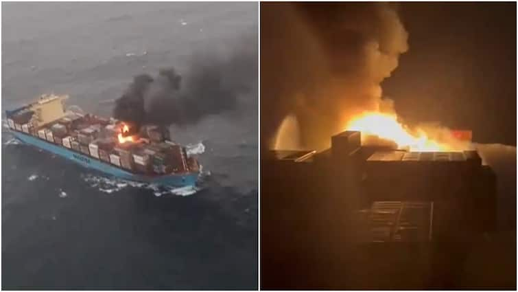 Fire Breaks Out At Cargo Container Ship MV Maersk Frankfurt Near Karwar Area Of Karnataka southwest of Goa Massive Fire Breaks Out At Cargo Container Ship Near Karwar Area Of Karnataka, IGC Conducts Firefighting Ops