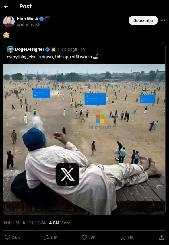 @cb_doge के हैंडल से एक्स पर कहा गया कि सबकुछ डाउन हो गया पर यह ऐप (एक्स) अभी भी काम कर रही है. इस यूजर के पोस्ट को एलन मस्क ने शेयर किया है.