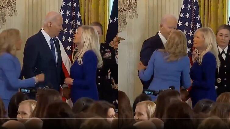 Joe Biden Nearly Kisses Woman In Viral Video Wife Jill Steps In To Save Him From Embarrassment Joe Biden: ஆத்தாடி..! மனைவி என நினைத்து வேறொரு பெண்ணை முத்தமிட முயன்ற ஜோ பைடன் - வலுக்கும் எதிர்ப்பு