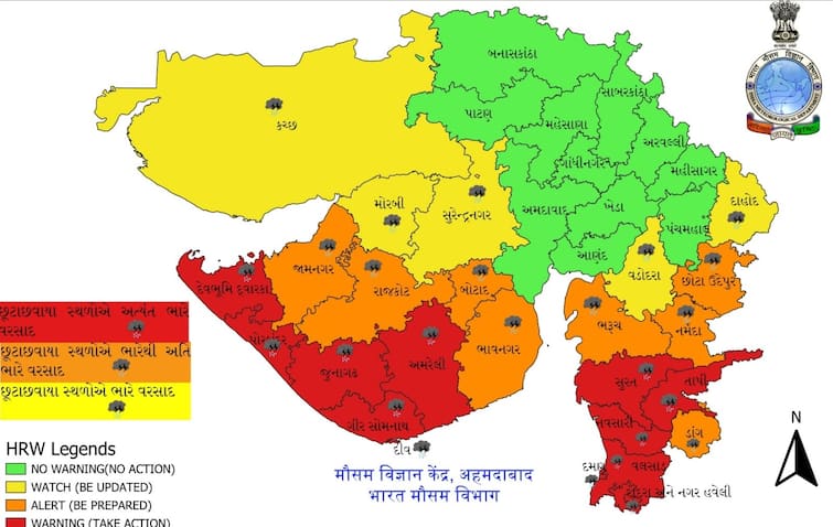 heavy rain forecast gujarat five days red alert met department આગામી પાંચ દિવસ અત્યંત ભારે વરસાદ પડશે, આજે 9 જિલ્લામાં રેડ એલર્ટ, જાણો હવામાન વિભાગની આગાહી