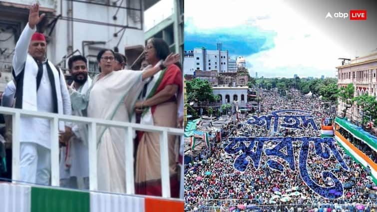 TMC rally in Kolkata on Shaheed Divas party General Secretary Abhishek Banerjee and SP Akhilesh Yadav Attack BJP 'दिल्ली की सरकार चलने नहीं, गिरने वाली है...', TMC के मंच से गरजे अखिलेश यादव, ममता भी रहीं मौजूद