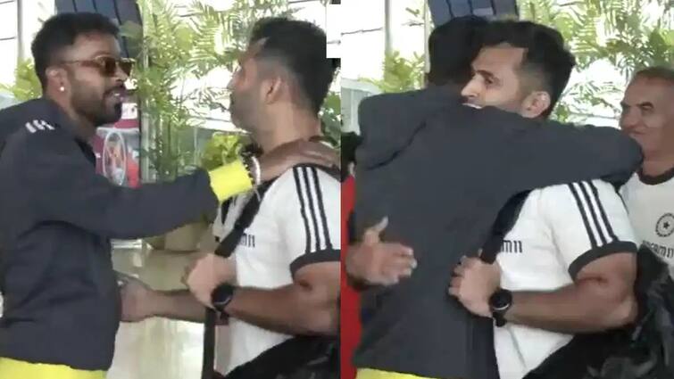 hardik pandya makes first appearance with team india after divorce natasa stankovic he smiles through pain while hugging abhishek nayar वाइफ नताशा से तलाक के बाद गम में डूबे हार्दिक, झूठी हंसी दिखाकर खुद को संभाला! देखें पूर्व क्रिकेटर को गले लगाने का वीडियो