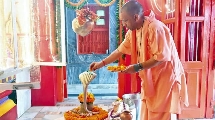 Uttar Pradesh CM Yogi Adityanath offers prayers on the first Monday of Sawan, at Shri Gorakhnath Temple in Gorakhpur. (Source: PTI)