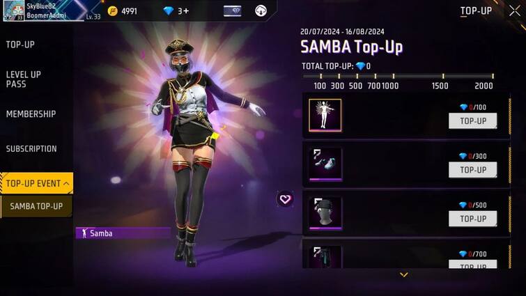 Free Fire Top Up Event how to buy diamond to get samba emote Urban Contrast Costume Free Fire Max में शुरू हुआ नया टॉप-अप इवेंट, अगले एक महीने तक Samba Emote के साथ मिलेंगे कई रिवॉर्ड्स