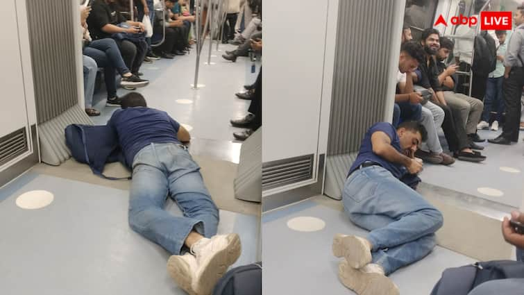 Man seen traveling lying on the floor of Delhi Metro Photos goes viral on social media दिल्ली मेट्रो में उड़ी कानून की धज्जियां, फर्श पर लेटकर अजीब हरकतें करता दिखा शख्स, लोग बोले जेल में डालो