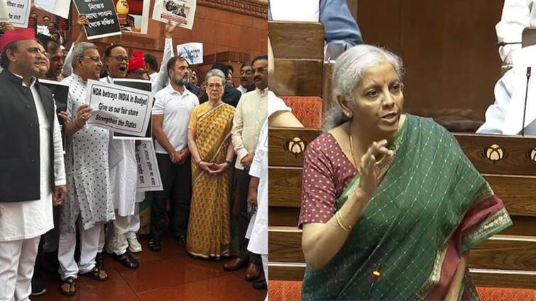 Opposition INDIA bloc protests against Budget in Parliament Union Budget 2024: కేంద్ర బడ్జెట్‌పై ఇండీ కూటమి విమర్శలు, పార్లమెంట్ ఆవరణలో నిరసన