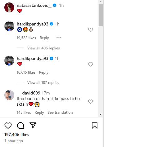 हार्दिक पंड्या ने एक कमेंट हार्ट आई इमोजी वाला किया है. जबकि उनका एक कमेंट हार्ट इमोजी का है. गौरतलब है कि हार्दिक और नताशा मिलकर अपने बेटे अगस्त्य पंड्या की परवरिश करेंगे.