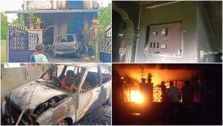 In Villupuram, a vehicle was set on fire by pouring petrol for the third time in the same house ஒரே வீட்டில் மூன்றாவது முறையாக பெட்ரோல் ஊற்றி வாகனத்திற்கு தீ வைப்பு... திணறும் காவல் துறை...