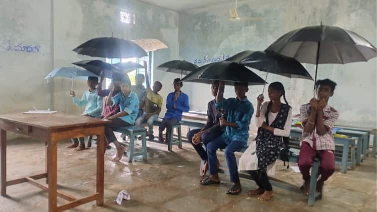 Telangana: Students Forced To Attend Classes In School With Umbrellas Due To Ceiling Leaks Amid Heavy Rains