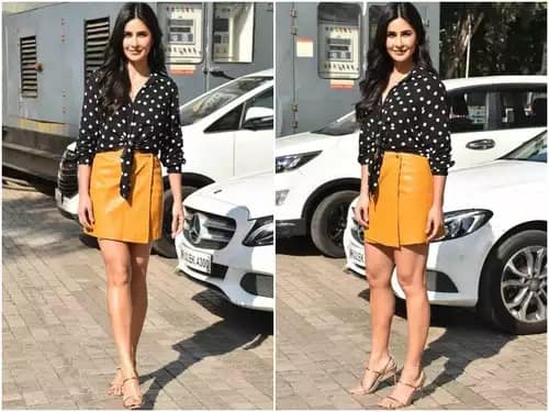 Katrina Kaif: Katrina looks trendy with a polka-dotted top and bright yellow skirt that assert her fashion statements. This display of colours is bright and seems so natural in her dress, and it also adds a lively and cheerful touch to the outfit. (Image Source: Special Arrangement)