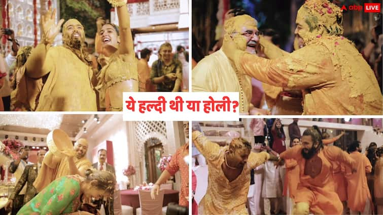 anant ambani and radhika merchant haldi ceremony mukesh ambani pours haldi on ranveer singh nita ambanai watch video अनंत-राधिका की शादी में सबने खेली थी होली, अंबानी ने रणवीर-नीता पर डाली हल्दी, हार्दिक ने जमकर पीटा ढोल, देखें वीडियो