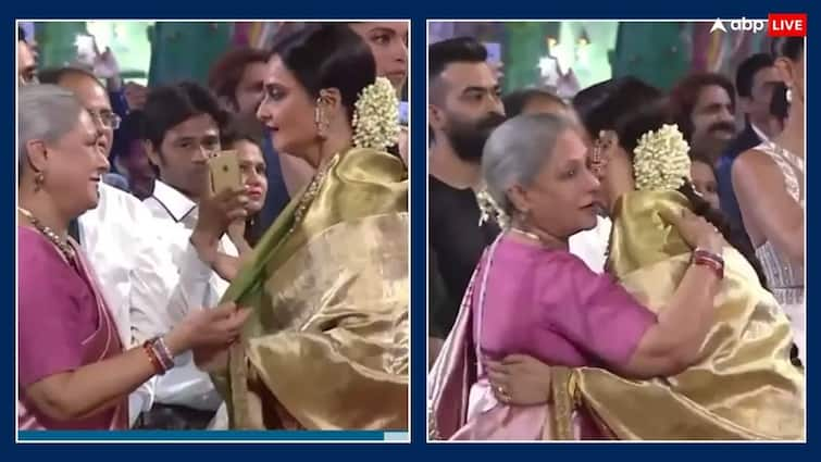 when rekha hugged jaya bachchan at the award function after Amitabh bachchan name announced for best actor award watch video जब अमिताभ बच्चन को मिला था अवॉर्ड तो खुशी से झूम उठी थीं रेखा, जया बच्चन को कसकर लगा लिया था गले