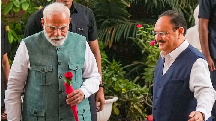 Upon reaching, PM Modi was welcomed by party president JP Nadda. (Image source: PTI)