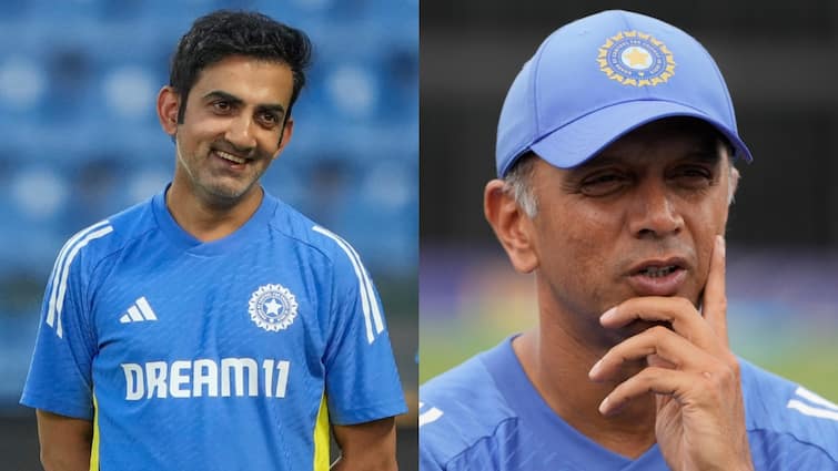 Rahul Dravid Passing Indian cricket team head coach button to Gautam Gambhir with special message watch video Gautam Gambhir: राहुल द्रविड़ ने स्पेशल मैसेज के साथ गौतम गंभीर को सौंपी हेड कोच की ज़िम्मेदारी, सामने आया वीडियो