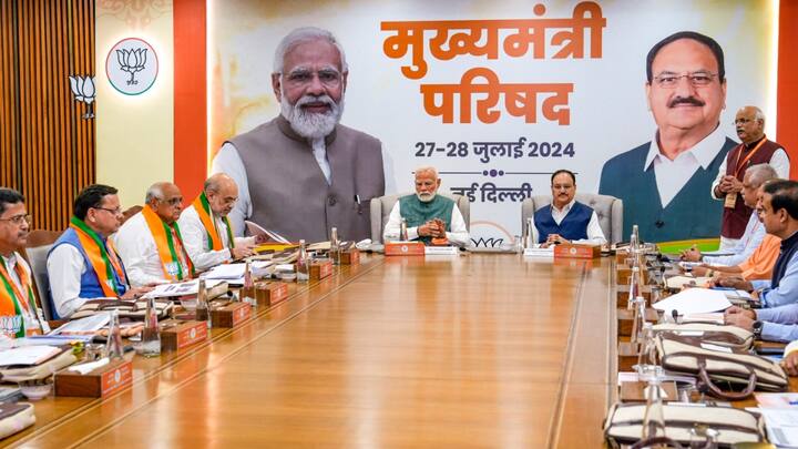 Prime Minister Narendra Modi on Saturday held a meeting with chief ministers and deputy chief ministers of BJP-ruled states at the party headquarters in Delhi. (Image source: PTI)