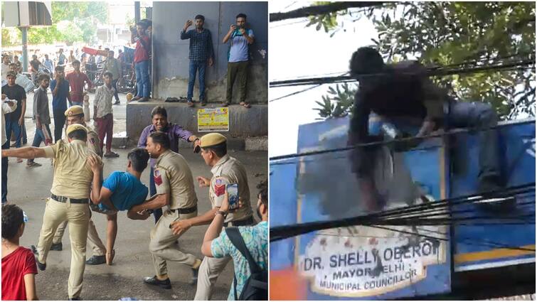 Delhi Coaching Centre Deaths Students Detained At Karol Bagh Metro Station Students Protest Rau IAS Study Circle Old Rajinder Nagar Delhi Coaching Centre Deaths: Students Detained At Karol Bagh, ABVP Members Deface Mayor's Posters Amid Protests