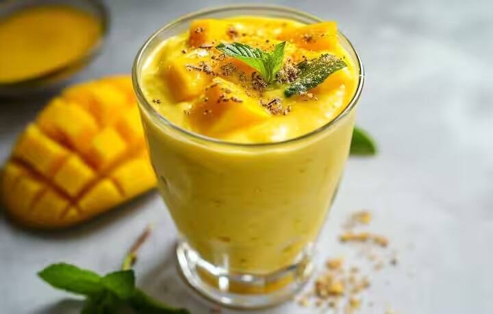 કેરીની લસ્સી બનાવવા માટે કેરીને ધોઈ, છાલ કાઢી, તેના નાના-નાના ટુકડા કરી બ્લેન્ડરમાં નાખો.