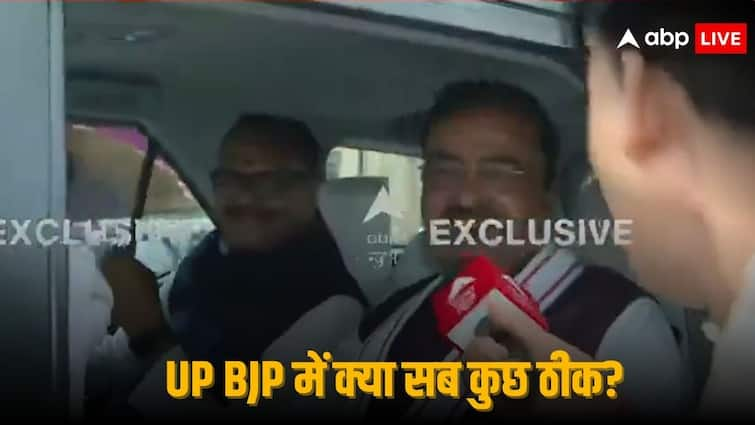 UP BJP Tension Resolve Deputy CM Keshav Prasad Maurya Brijesh Pathak Sitting in Car With Bhupendra Chaudhary Kesav Prasad Maurya: एक ही कार में दिखे भूपेंद्र चौधरी, केशव मौर्य और बृजेश पाठक, सियासी घमासान के बीच तस्वीर क्या दे रही मैसेज