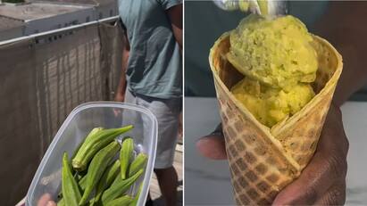 Man Creates Ice Cream Cone With Bhindi, Leaves Desi Audience Shocked Watch Video:என்னது வெண்டைக்காயில் ஐஸ்க்ரீம் செய்யலாமா? வைரலாகும் வீடியோ!