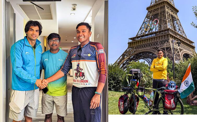 Paris Olympics 2024 Neeraj Chopra supporter Cyclist Fayis Asraf Ali Come paris from Kerala through Cycle Paris Olympics 2024: नीरज चोपड़ा का गजब फैन! 2 साल में '22 हजार किलोमीटर' साइकिल चलाकर मिलने पहुंचा पेरिस