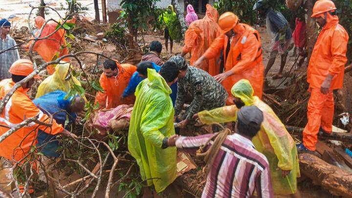 National Disaster Response Force (NDRF) personnel carry out rescue operations after massive landslides hit the hilly areas near Meppadi in Kerala's Wayanad district. The landslides occurred early on Tuesday. (Photo: PTI)