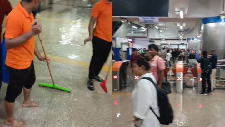 बुधवार की शाम दिल्ली एनसीआर में  मूसलाधार बारिश के कारण नोएडा सेक्टर 52 मेट्रो के भीतर पानी भर गया जिसके बाद वहां मौजूद सफाई कर्मियों ने पानी को निकालने में जुट गए.