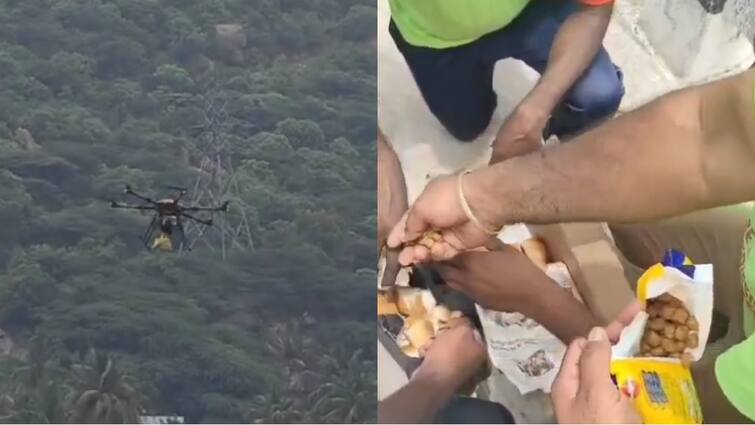 Dogs stranded in water at Mettur Dam Foods flown by drone Biriyani to rescue மேட்டூர் அணையில் நீருக்கு நடுவே சிக்கித் தவித்த நாய்.. ட்ரோன் மூலம் சேர்க்கப்பட்ட பிரியாணி