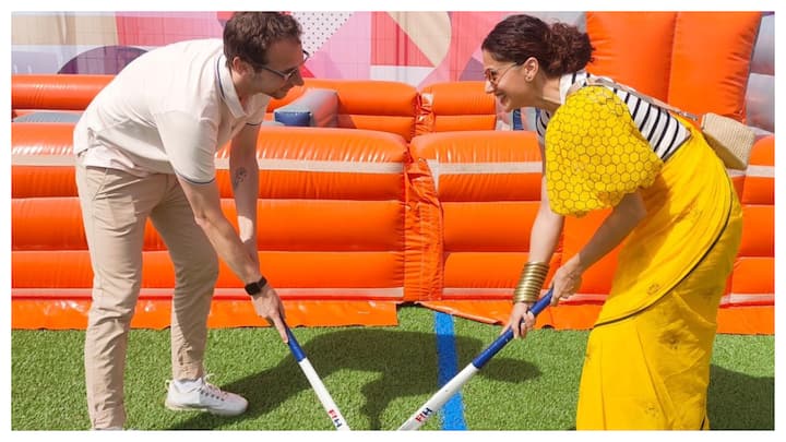 Taapsee Pannu played Hockey with her husband Mathias Boe, dressed in a yellow saree at the Paris Olympics 2024.