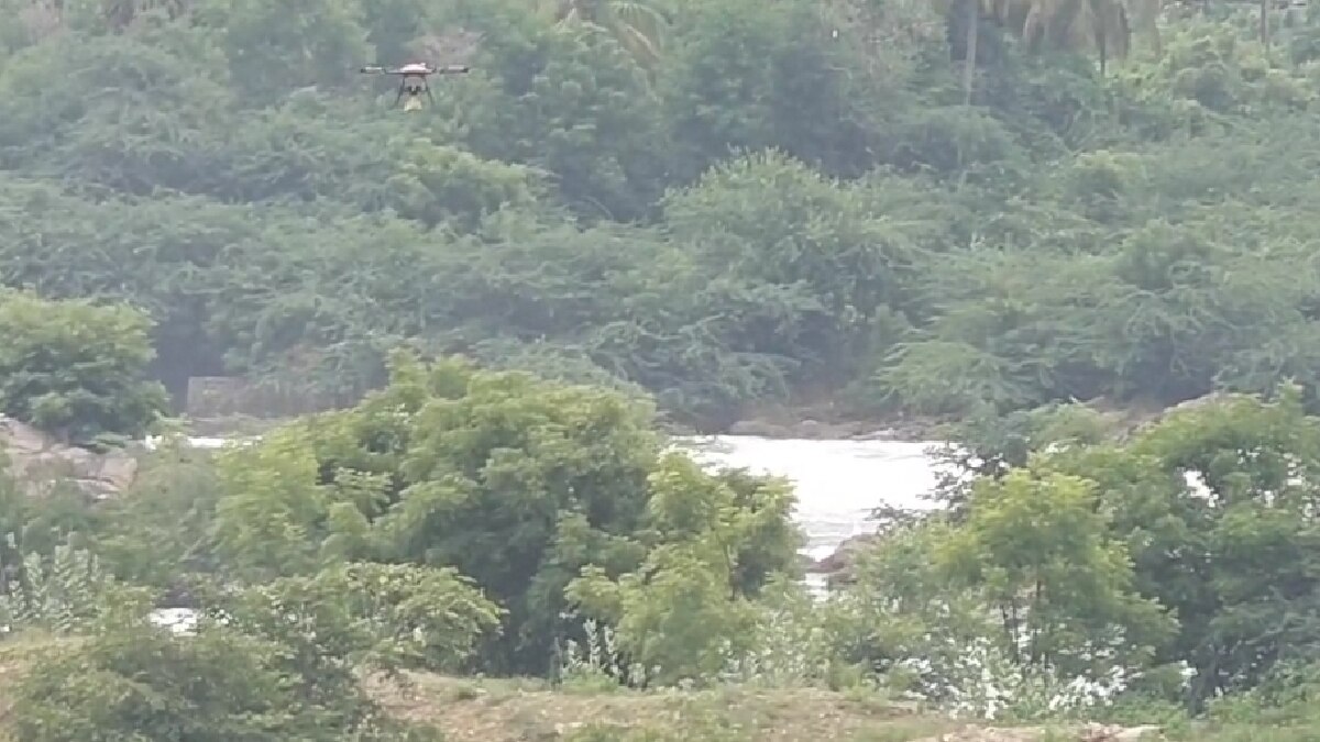 மேட்டூர் அணையில் நீருக்கு நடுவே சிக்கித் தவித்த நாய்.. ட்ரோன் மூலம் சேர்க்கப்பட்ட பிரியாணி