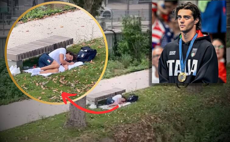 Paris Olympics 2024 Italian swimmer gold medalist Thomas Ceccon Sleeps at Olympic Village Park Paris Olympics 2024: पेरिस ओलंपिक में यह क्या हो रहा है? पार्क में सोने को मजबूर गोल्ड मेडलिस्ट एथलीट