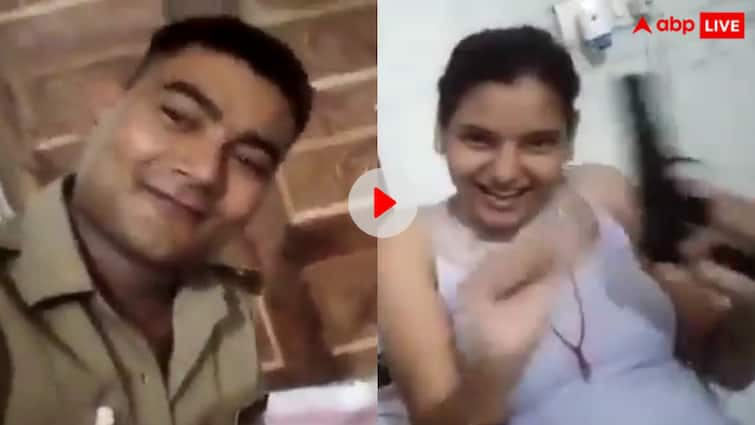 women made instagram reel with Policeman and his service pistol video viral on social media 'मेरा बालम थानेदार...' गाने पर पिस्टल लहराते हुए गर्लफ्रेंड ने बनाई रील, खुशी से झूमता रहा बगल में बैठा पुलिसवाला