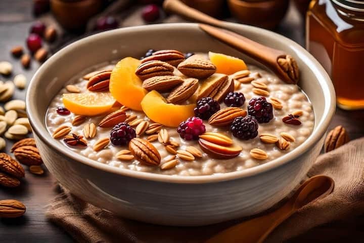 अब आप इसमें ड्राई फ्रूट्स, इलायची पाउडर, केसर डालकर अच्छी तरह मिक्स कर लें, फिर इसे एक बाउल में निकालकर ऊपर से ड्राई फ्रूट गार्निश कर सर्व करें.