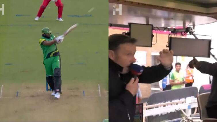 Kumar Sangakara Runs For Cover As Kieron Pollard Six Heads Commentary Box Here Watch Viral Video Watch: कीरोन पोलॉर्ड ने मारा ऐसा छक्का कि कमेंन्ट्री कर रहे कुमार संगकारा बाल-बाल बचे, देखें वायरल वीडियो