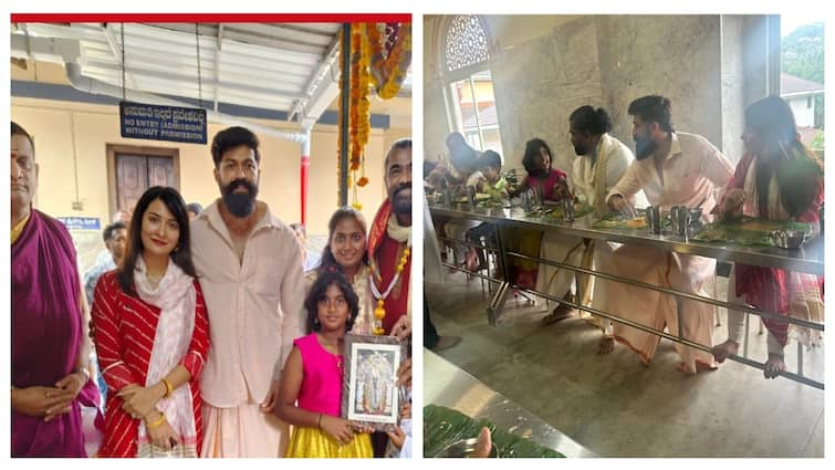 actress yash his wife radhika worship Beltangadi Surya Sadashiva Rudra Temple karnataka kgf yash Yash: பக்தர்களுடன் அமர்ந்து அன்னதானம் சாப்பிட்ட KGF ஹீரோ! பழம்பெரும் கோயிலில் சாமி தரிசனம்!