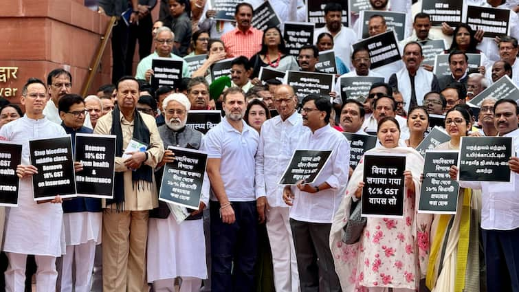 Protest Against GST On Insurance Services INDIA Alliance leaders at parliament premises says Government is imposing shroud tax GST On Insurance Services: 'सरकार लगा रही कफन टैक्स', इंश्योरेंस पर GST को लेकर प्रदर्शन में बोले I.N.D.I.A अलायंस के नेता