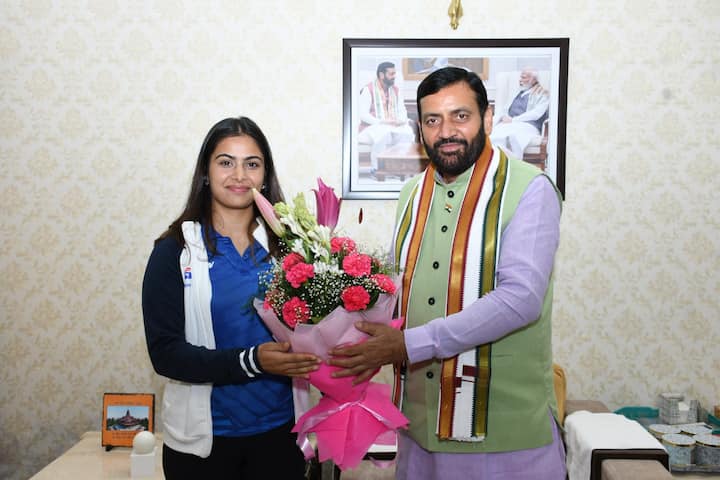 Olympic medalist Bhaker meets Haryana Chief Minister Nayab Singh Saini, in Chandigarh. (Image Source: PTI)