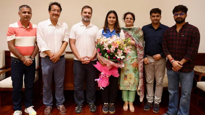 Double Olympics medalist Manu Bhaker, her coach Jaspal Rana and her parents meet Lok Sabha LoP and Congress MP Rahul Gandhi.